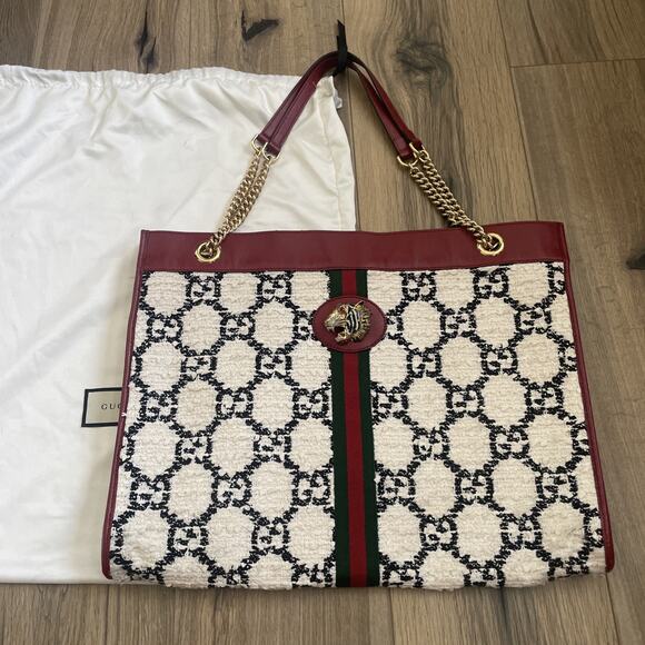 Gucci GG Tweed Rajah Large Chain Tote White Black Romantic Cherry - Picture 1 of 12